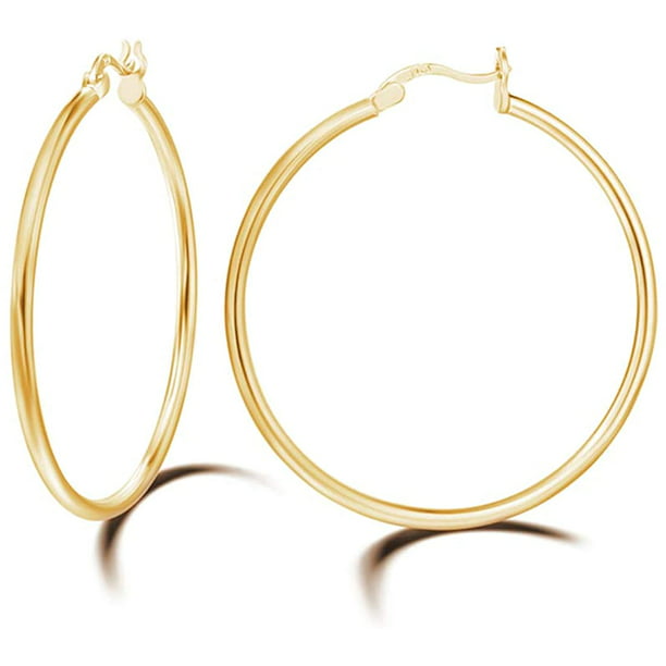 Yellow Gold-Tone Ladies Circle Polished Finish and Large Hoop Earrings 50mm x 3mm 